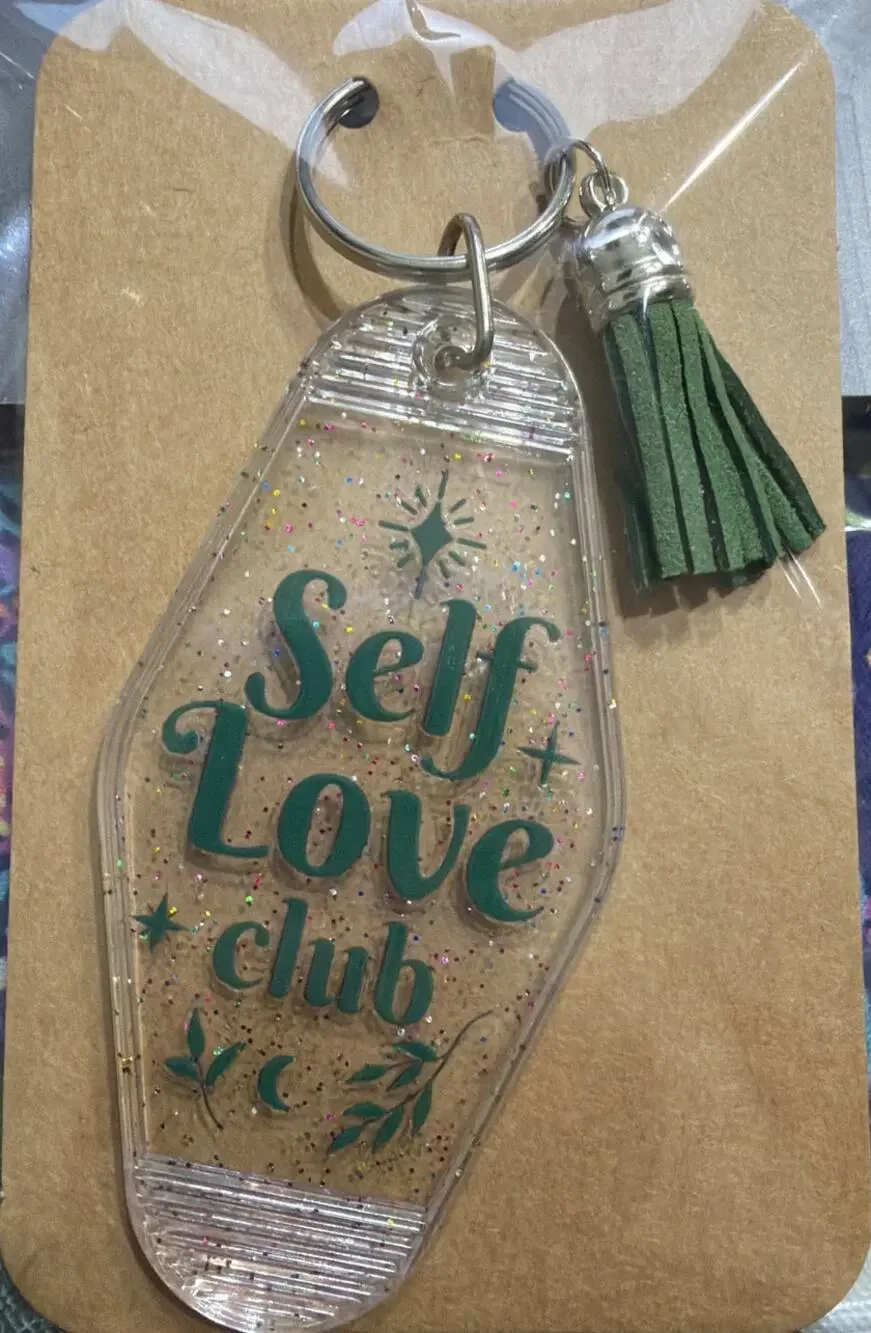 Self Love Club Clear & Green Vintage Hotel Motel Keychain Key Chain Handmade